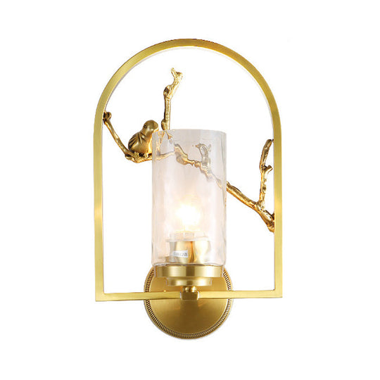 Traditional Gold Wall Sconce With Bird Deco - Cylindrical Metal Fixture