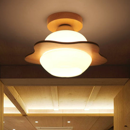 Nordic Wood Semi Flush Mount Ceiling Fixture: Cream Glass Flower Corridor Lighting with 1-Light