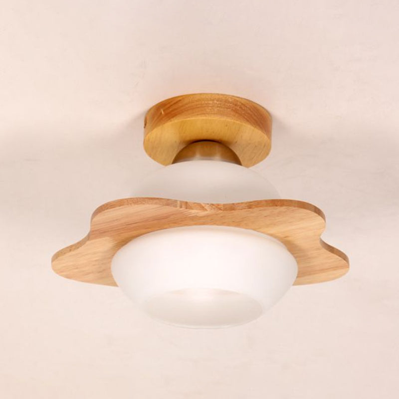 Nordic Wood Semi Flush Mount Ceiling Fixture: Cream Glass Flower Corridor Lighting with 1-Light