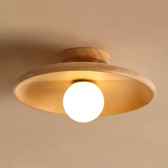 Minimalist Wooden Flush Mount Ceiling Lamp- Shallow Bowl Shape 1 Head- Perfect For Aisles