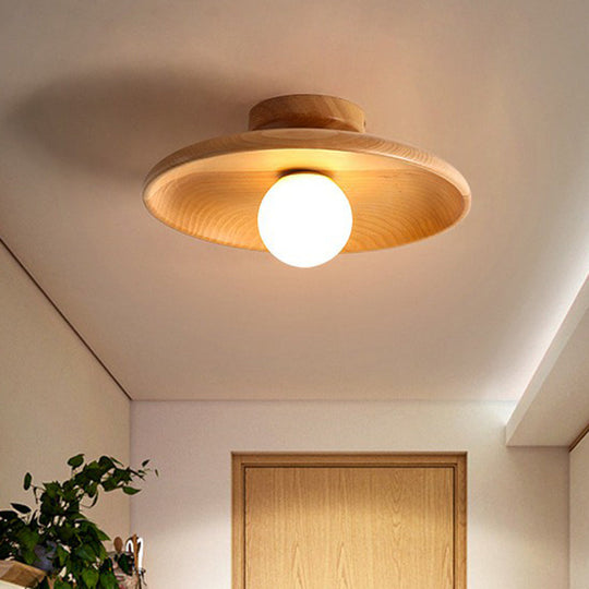 Minimalist Wooden Flush Mount Ceiling Lamp- Shallow Bowl Shape 1 Head- Perfect For Aisles