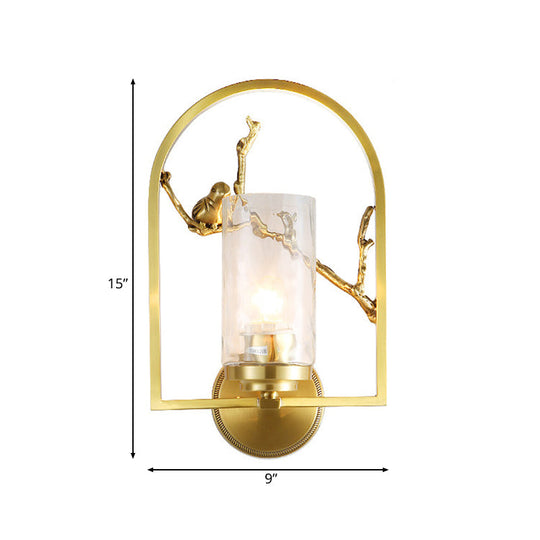 Traditional Gold Wall Sconce With Bird Deco - Cylindrical Metal Fixture