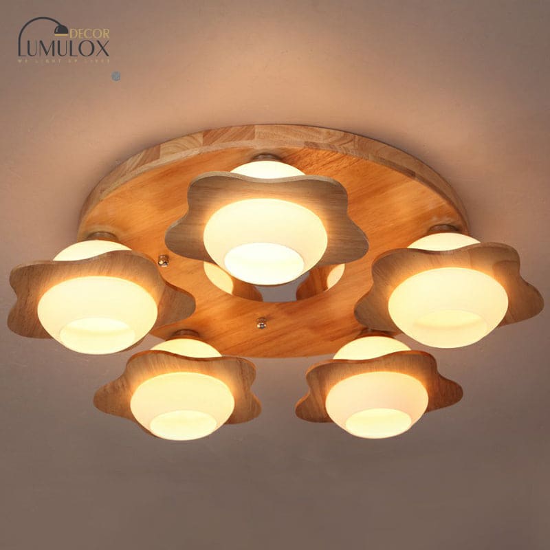 Modern Wood Flushmount with Flower Ivory Glass Shade - 5 Lights Bedroom Flush Ceiling Light