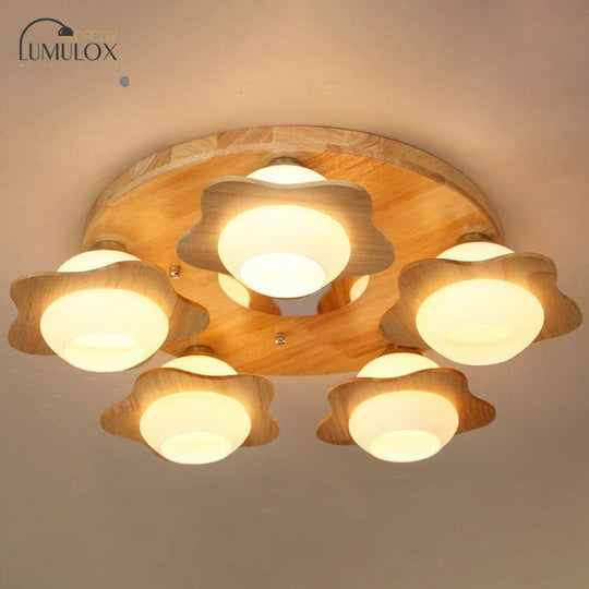 Modern Wood Flushmount with Flower Ivory Glass Shade - 5 Lights Bedroom Flush Ceiling Light