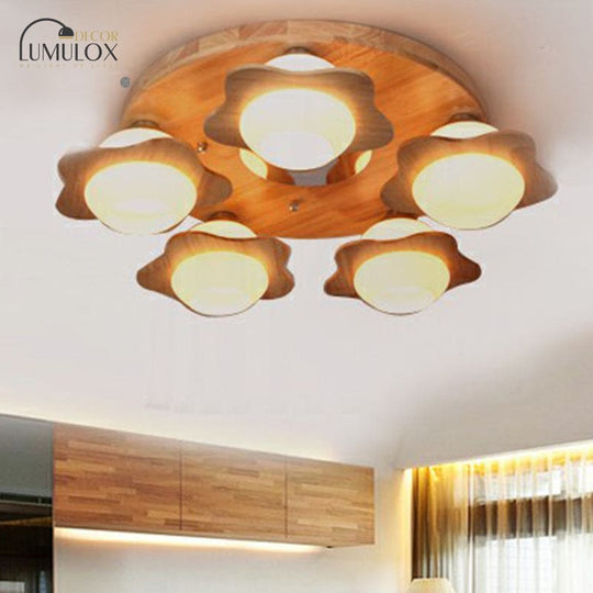 Modern Wood Flushmount with Flower Ivory Glass Shade - 5 Lights Bedroom Flush Ceiling Light