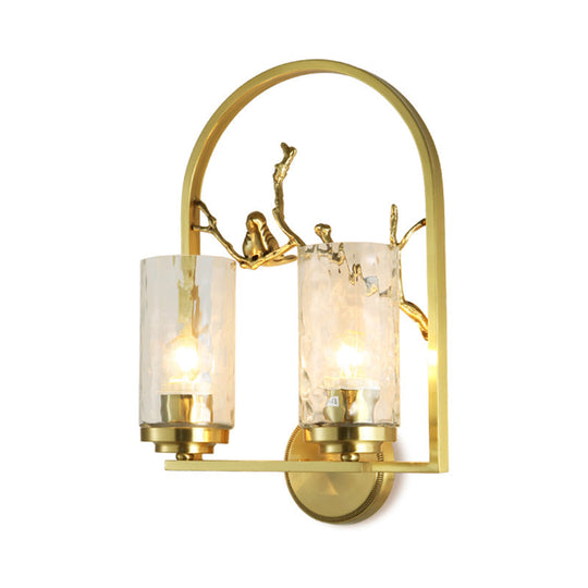 Traditional Gold Wall Sconce With Bird Deco - Cylindrical Metal Fixture