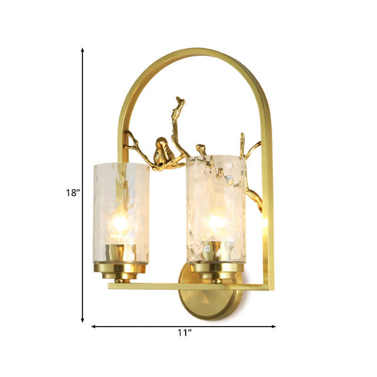 Traditional Gold Wall Sconce With Bird Deco - Cylindrical Metal Fixture