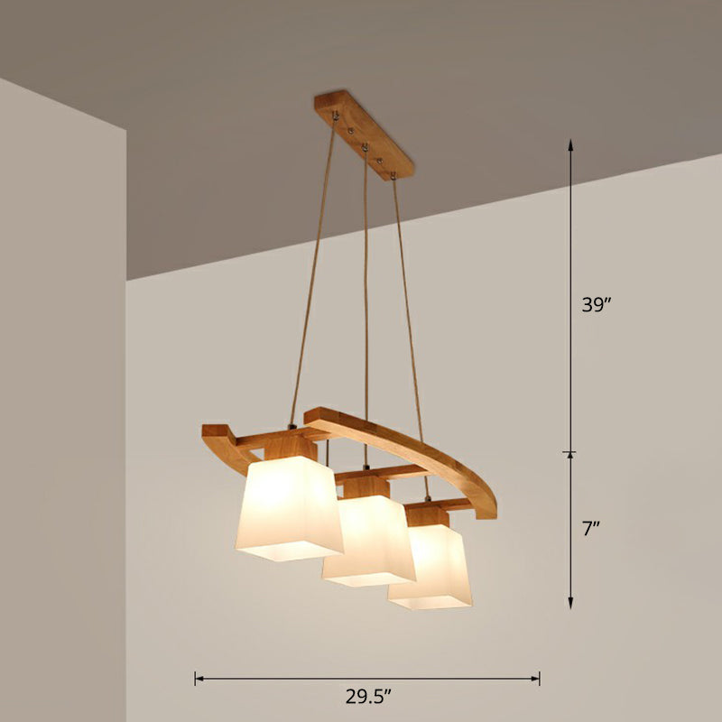 Nordic Wood Island Pendant Ceiling Light With Trapezoid White Glass Shade - 3-Light Dining Room