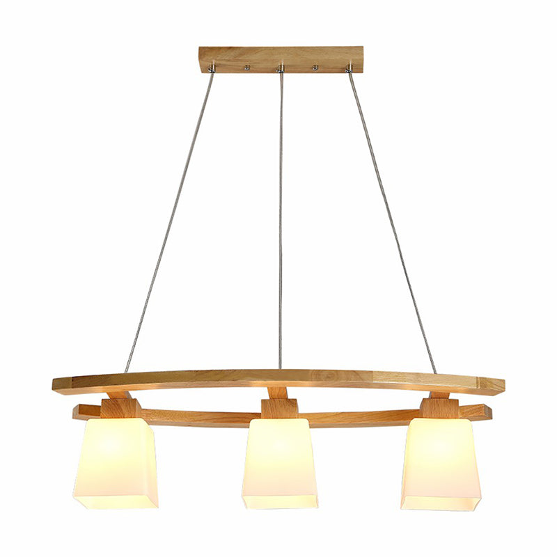 Nordic Wood Island Pendant Ceiling Light With Trapezoid White Glass Shade - 3-Light Dining Room