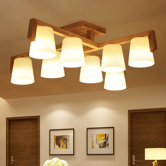 Minimalist Wood & Ivory Glass Ceiling Lamp for Bedroom