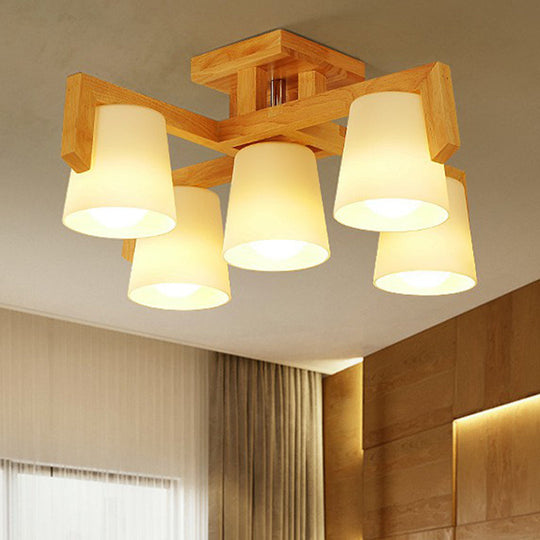 Minimalist Wood & Ivory Glass Ceiling Lamp for Bedroom