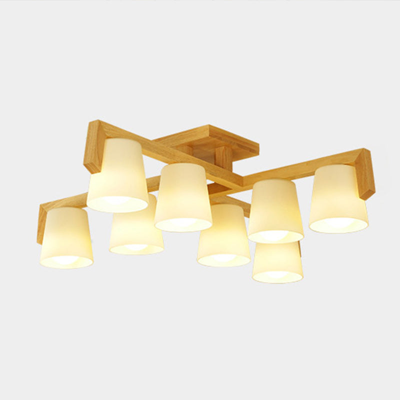 Ivory Glass Conical Ceiling Suspension Lamp - Minimalist Wood Chandelier For Bedroom