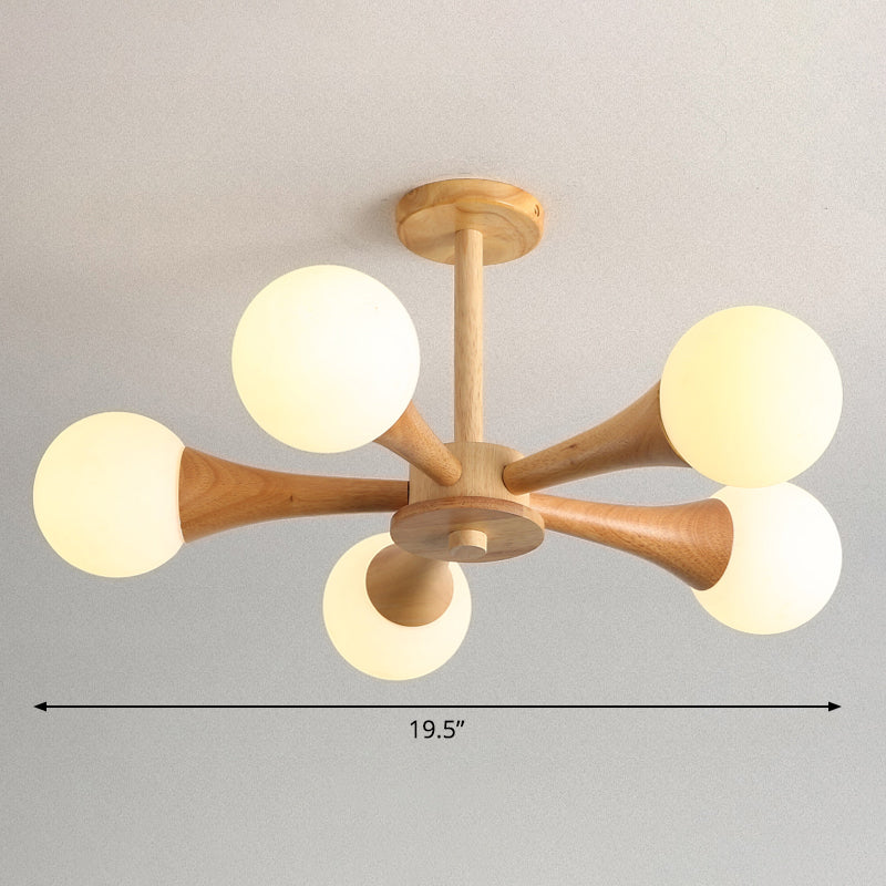 Nordic Milky Glass Bedroom Chandelier with Wooden Arm - Burst Ball Suspension Light