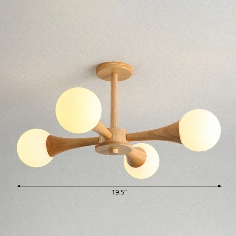 Nordic Milky Glass Bedroom Chandelier with Wooden Arm - Burst Ball Suspension Light