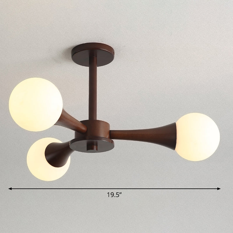 Nordic Milky Glass Burst Ball Chandelier With Wooden Arm - Bedroom Suspension Light 3 / Brown