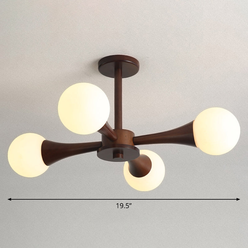 Nordic Milky Glass Burst Ball Chandelier With Wooden Arm - Bedroom Suspension Light 4 / Brown