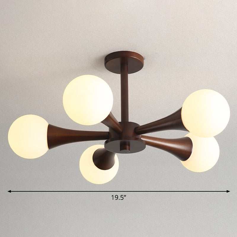 Nordic Milky Glass Burst Ball Chandelier With Wooden Arm - Bedroom Suspension Light 5 / Brown