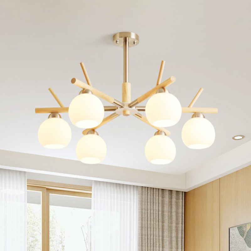 Minimalist White Glass Dome Ceiling Chandelier with Wood Twig Décor - Living Room Hanging Light