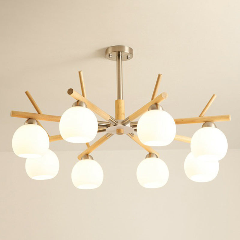 Minimalist White Glass Dome Ceiling Chandelier with Wood Twig Décor - Living Room Hanging Light