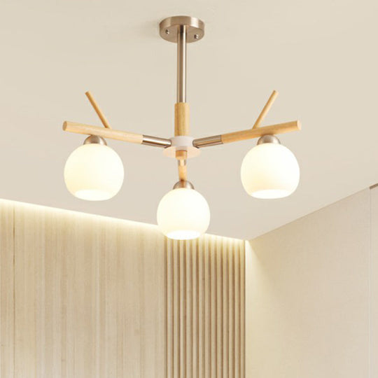 Minimalist White Glass Dome Ceiling Chandelier with Wood Twig Décor - Living Room Hanging Light