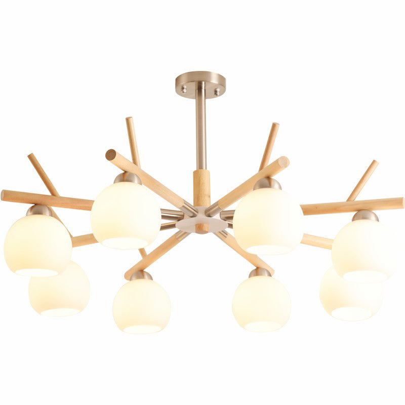 Minimalist White Glass Dome Ceiling Chandelier with Wood Twig Décor - Living Room Hanging Light