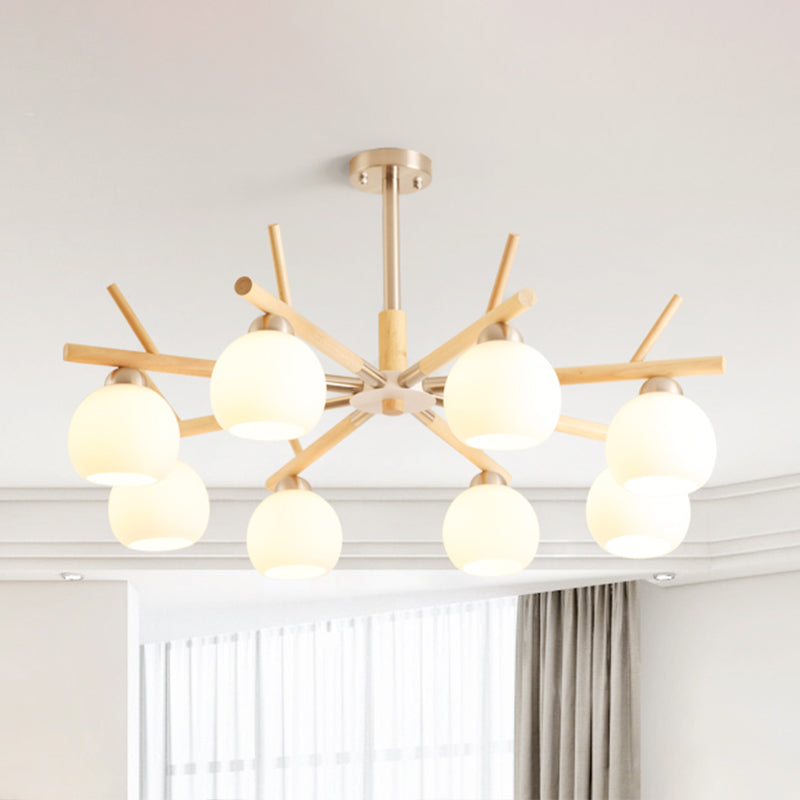 Dome Chandelier: Minimalist White Glass Hanging Light For Living Room With Rustic Wood Twig Deco