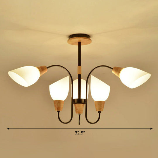 Nordic Style Tulip Chandelier with Cream Glass and Wooden Accent