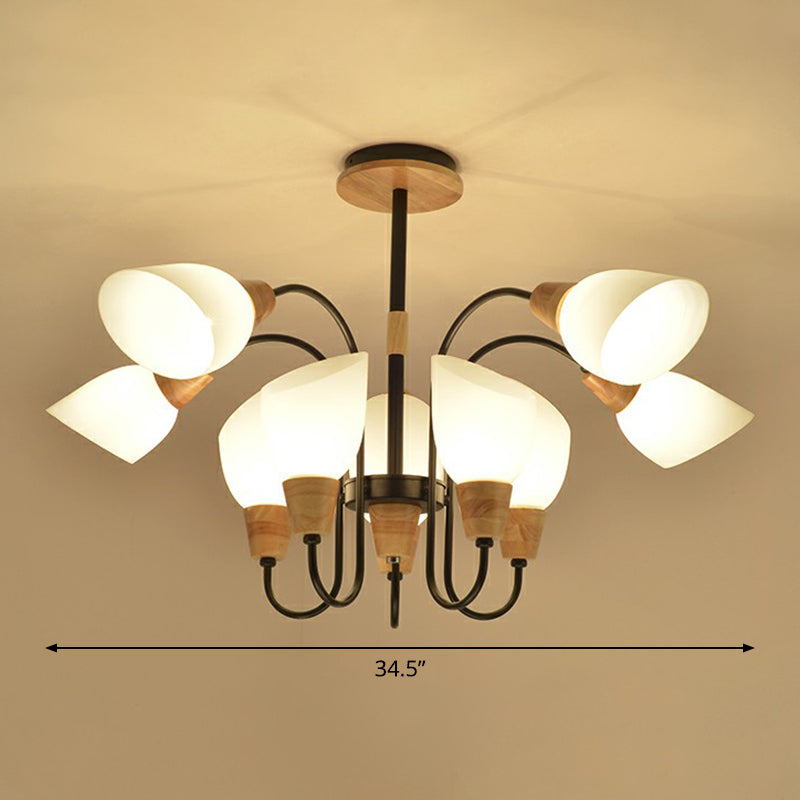 Nordic Style Tulip Chandelier - Cream Glass Pendant Light In Black & Wood 10 /