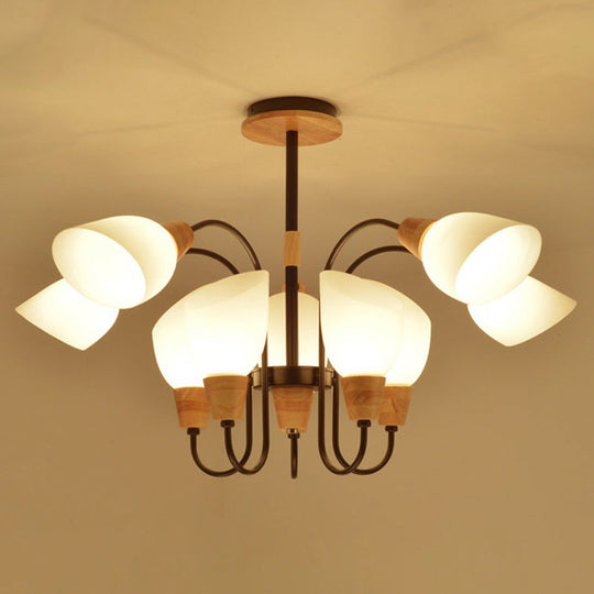 Nordic Style Tulip Chandelier - Cream Glass Pendant Light In Black & Wood