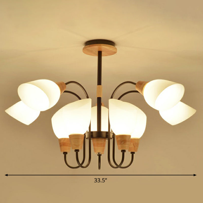 Nordic Style Tulip Chandelier - Cream Glass Pendant Light In Black & Wood 8 /