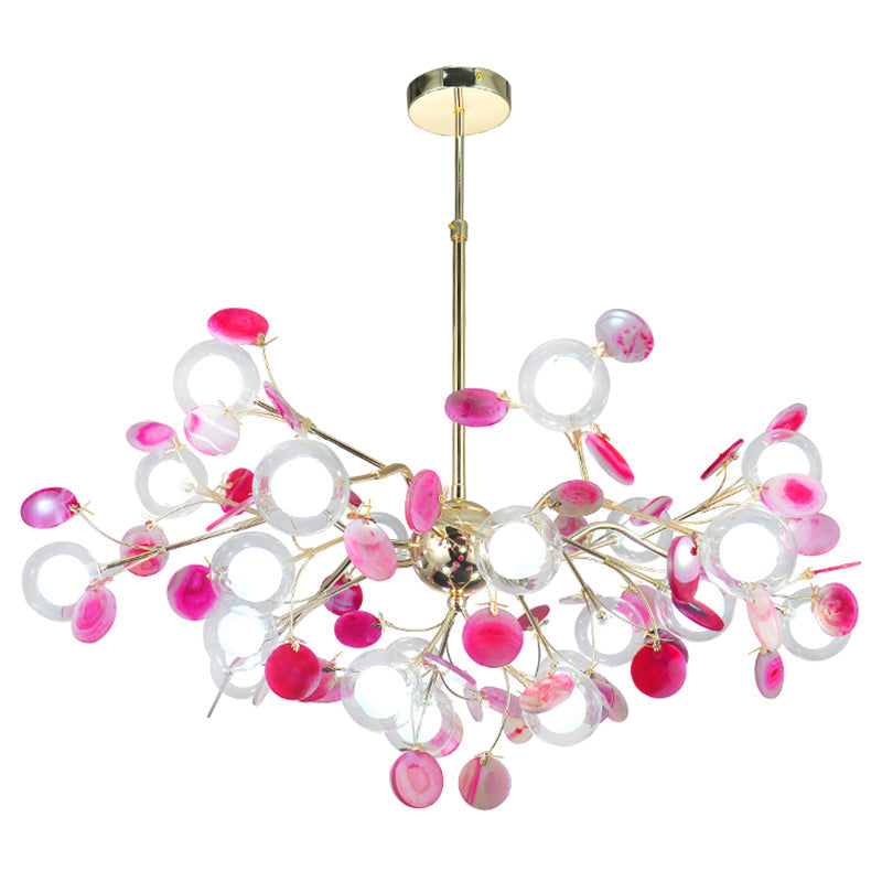 Agate Leaf Suspension Lighting Chandelier With Double Ball Glass Shade For Artistic Living Room