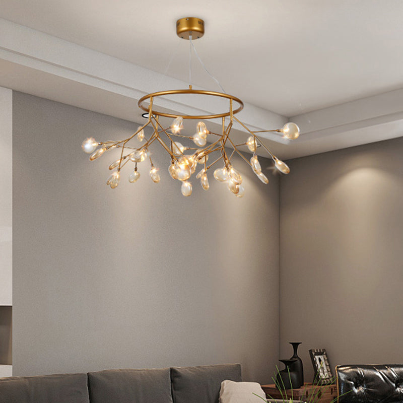 Twig Hanging Ceiling Chandelier With Glass Shade & Metal Ring - Modern Bedroom Light Fixture