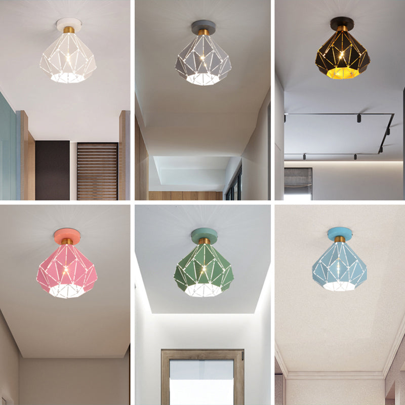 Macaron Iron Ceiling Light: Laser-Cut Diamond Shape, Semi Flush Mount, 1 Head for Corridors