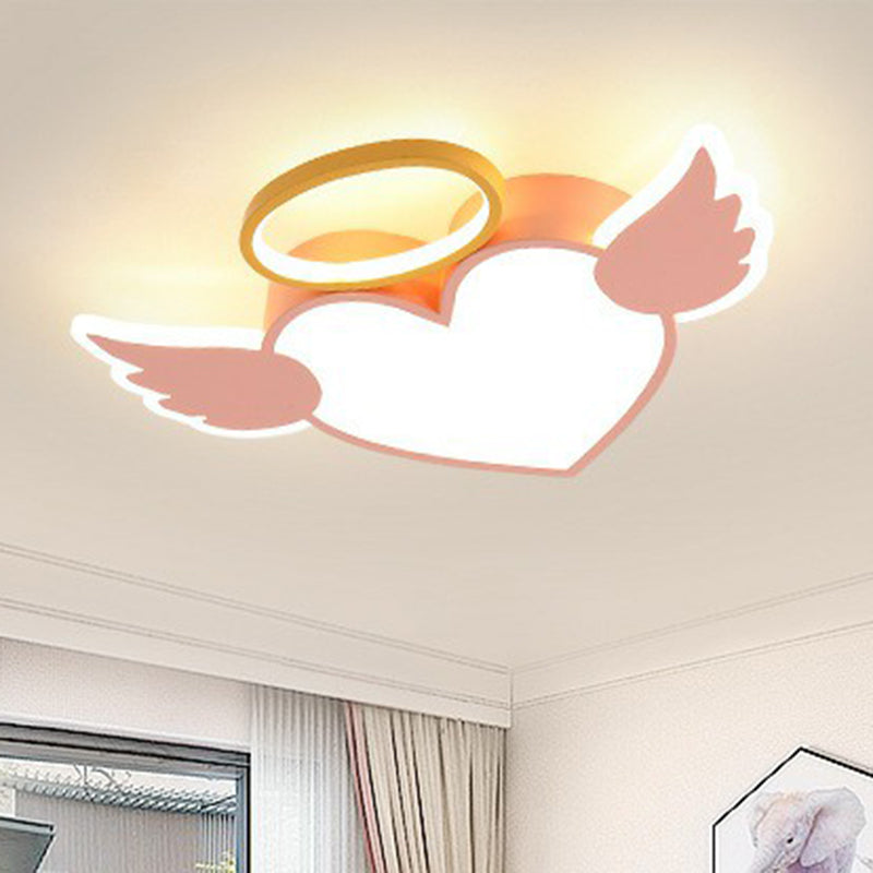 Led Pink Love Wings Ceiling Lamp With Acrylic Shade - Cartoon Flush Mount Lighting