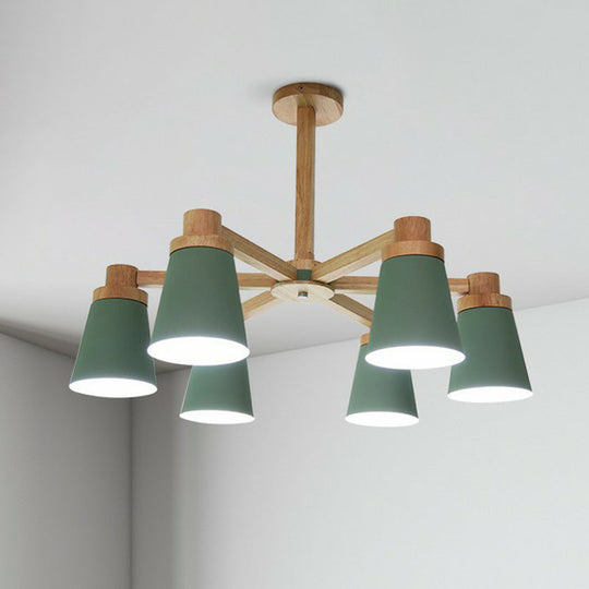 Nordic Iron Chandelier With Wooden Arm - Stylish Conical Suspension Light For Living Room Green