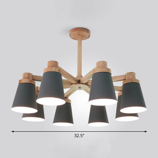 Nordic Iron Chandelier With Wooden Arm - Stylish Conical Suspension Light For Living Room