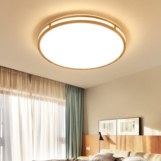 Nordic LED Beige Flush Mount Ceiling Light with Wooden Disc and Acrylic Diffuser