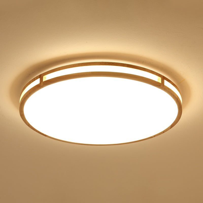 Nordic LED Beige Flush Mount Ceiling Light with Wooden Disc and Acrylic Diffuser