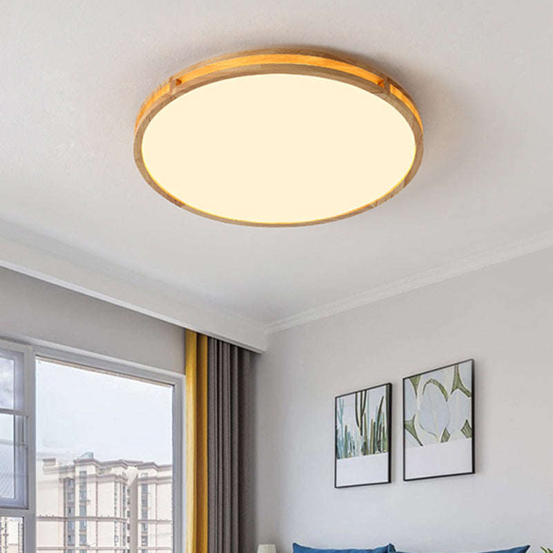 Nordic LED Beige Flush Mount Ceiling Light with Wooden Disc and Acrylic Diffuser