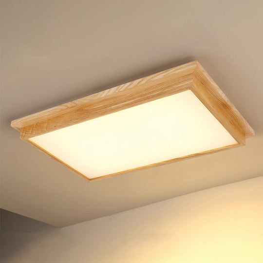 Minimalist Led Flush Mount Lighting With Ash Wood Design - Rectangle Living Room Ceiling Lamp