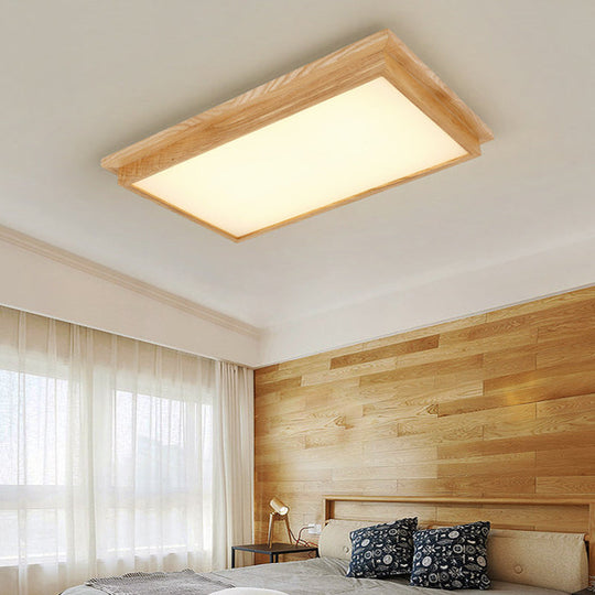 Minimalist LED Flush Mount Lighting with Ash Wood Design - Rectangle Living Room Ceiling Lamp