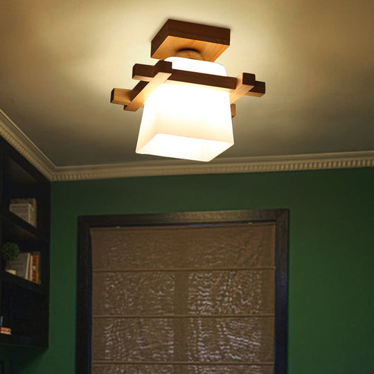 Semi Flush Wood Ceiling Lamp with Hand-Blown Milk Glass Shade for Balcony