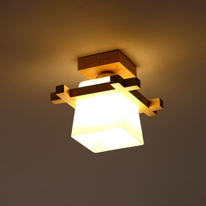 Semi Flush Wood Ceiling Lamp with Hand-Blown Milk Glass Shade for Balcony