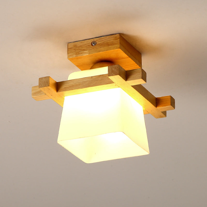 Semi Flush Wood Ceiling Lamp with Hand-Blown Milk Glass Shade for Balcony