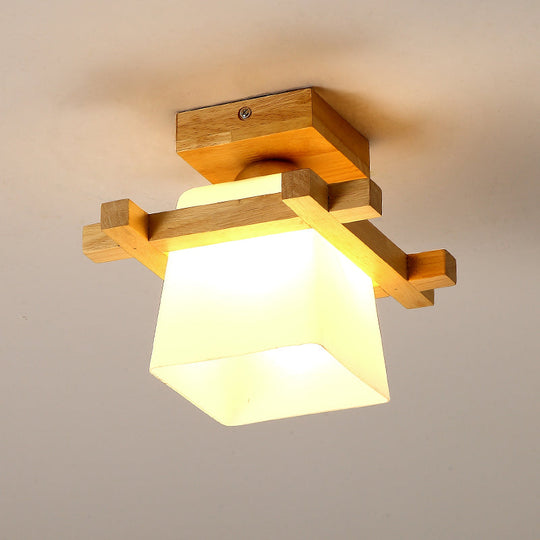 Semi Flush Wood Ceiling Lamp With Hand-Blown Milk Glass Shade For Balcony