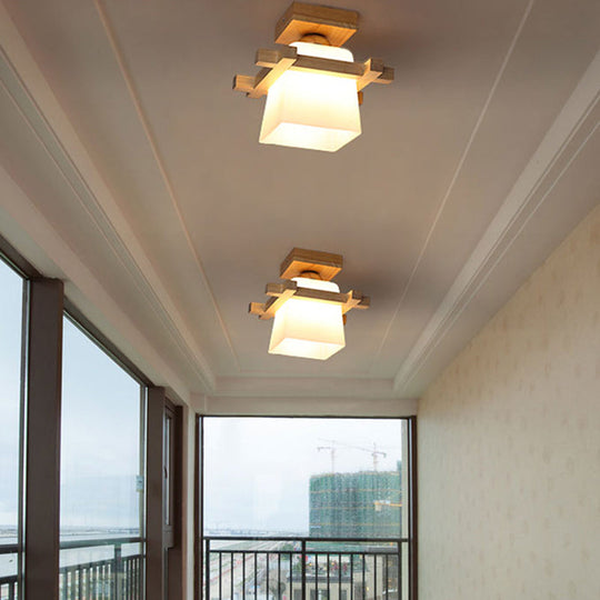 Semi Flush Wood Ceiling Lamp with Hand-Blown Milk Glass Shade for Balcony