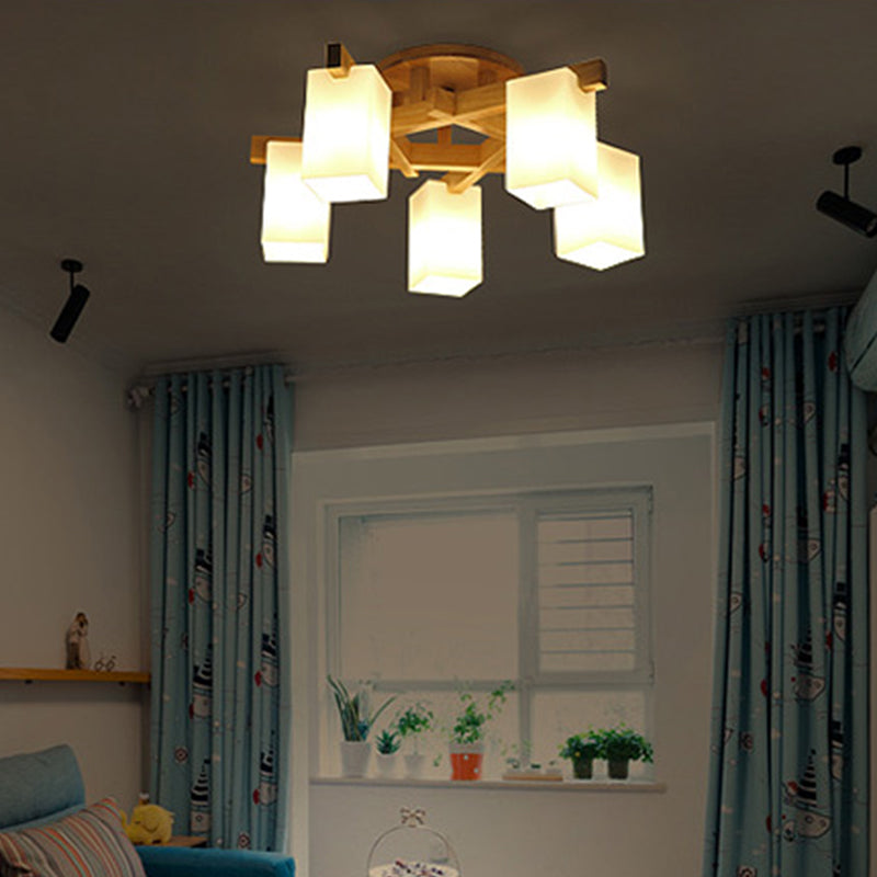 Modern Wood and Glass Semi Flush Chandelier for Living Room