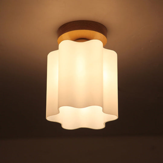 Minimalistic Milky Glass Prism Floral Ceiling Flush Light with Wood Flushmount Design - Ideal for Corridor, 1 Bulb