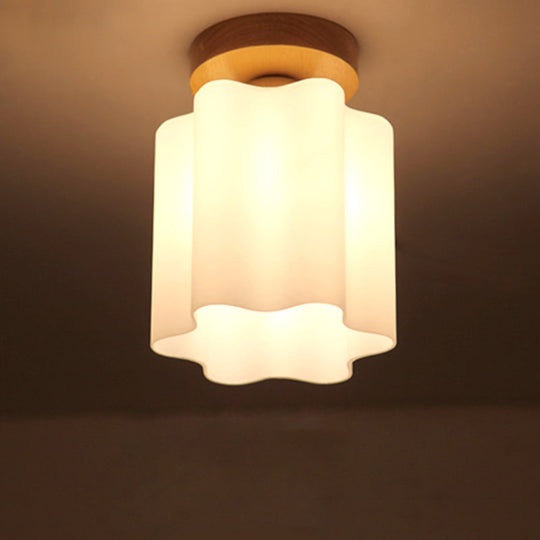 Minimalism 1 Bulb Wood Flushmount Light For Corridor - Milky Glass Prism Floral Ceiling Flush