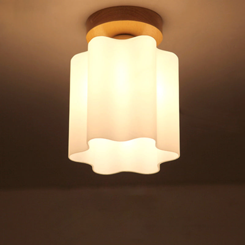 Minimalistic Milky Glass Prism Floral Ceiling Flush Light With Wood Flushmount Design - Ideal For